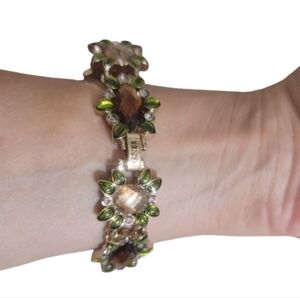 NAPIER Faceted Rhinestone Panel Bracelet Gripoix Glass leaves GoldTone  Signed